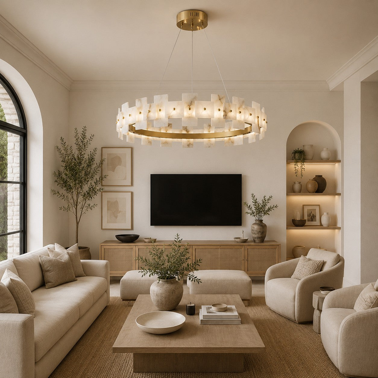 Modern Alabaster Chandelier Ceiling Mounted Brass Finish Dimmable LED Compatible 60W | ribuella