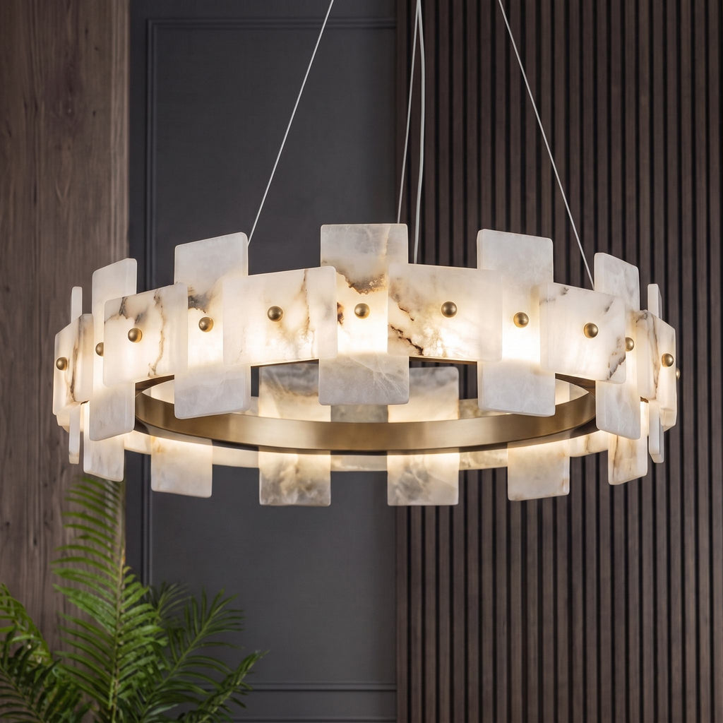 Modern Alabaster Chandelier Ceiling Mounted Brass Finish Dimmable LED Compatible 60W | ribuella