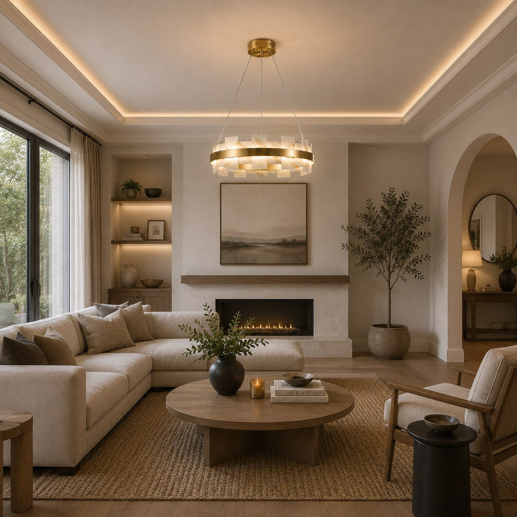 Modern Alabaster Chandelier Ceiling Mounted Brass Finish Dimmable LED Compatible 60W | ribuella