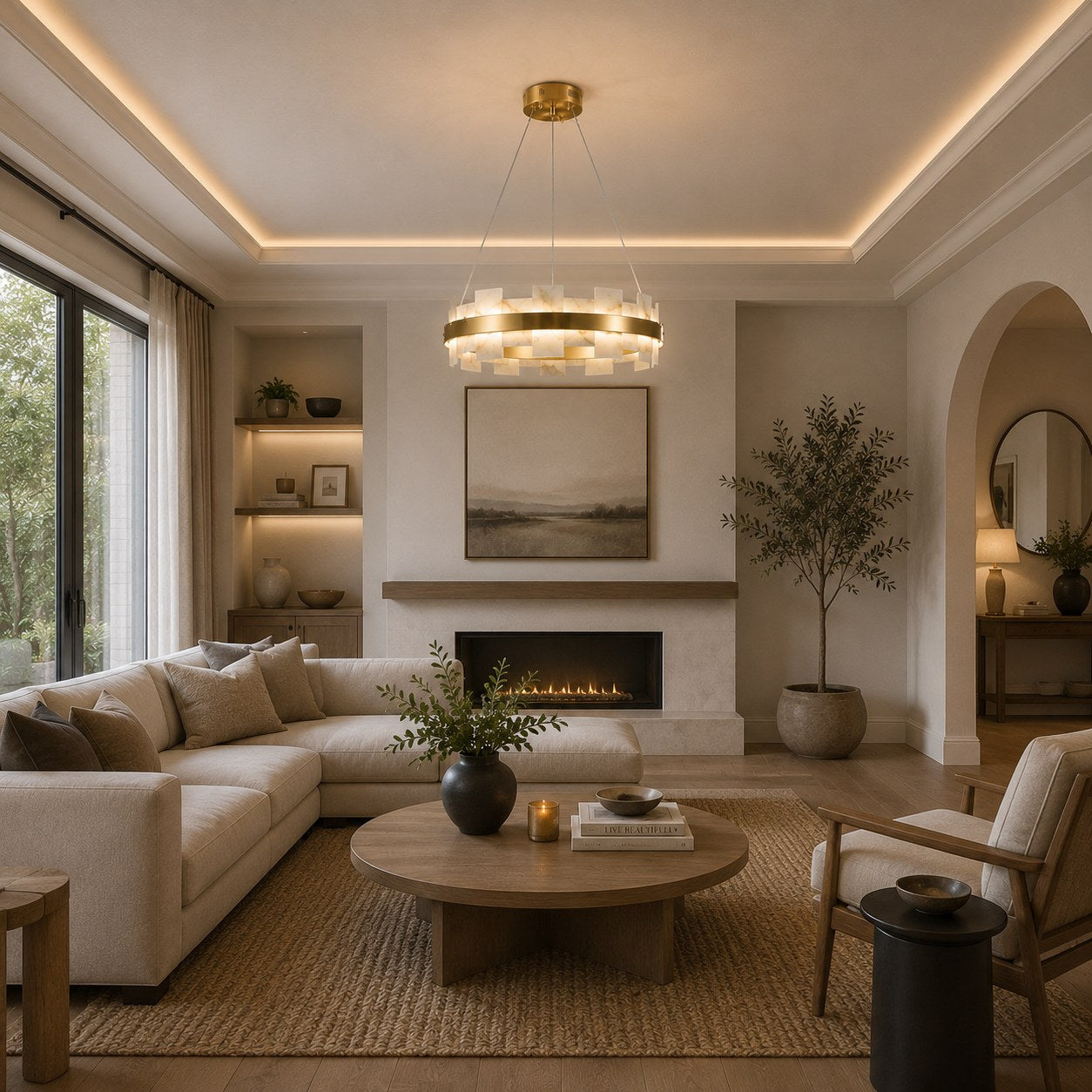 Modern Alabaster Chandelier Ceiling Mounted Brass Finish Dimmable LED Compatible 60W | ribuella
