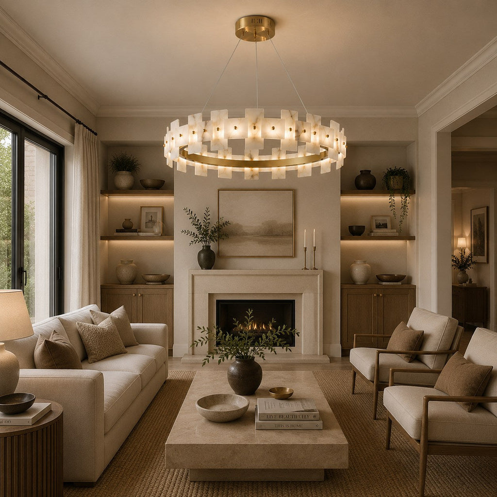 Modern Alabaster Chandelier Ceiling Mounted Brass Finish Dimmable LED Compatible 60W | ribuella