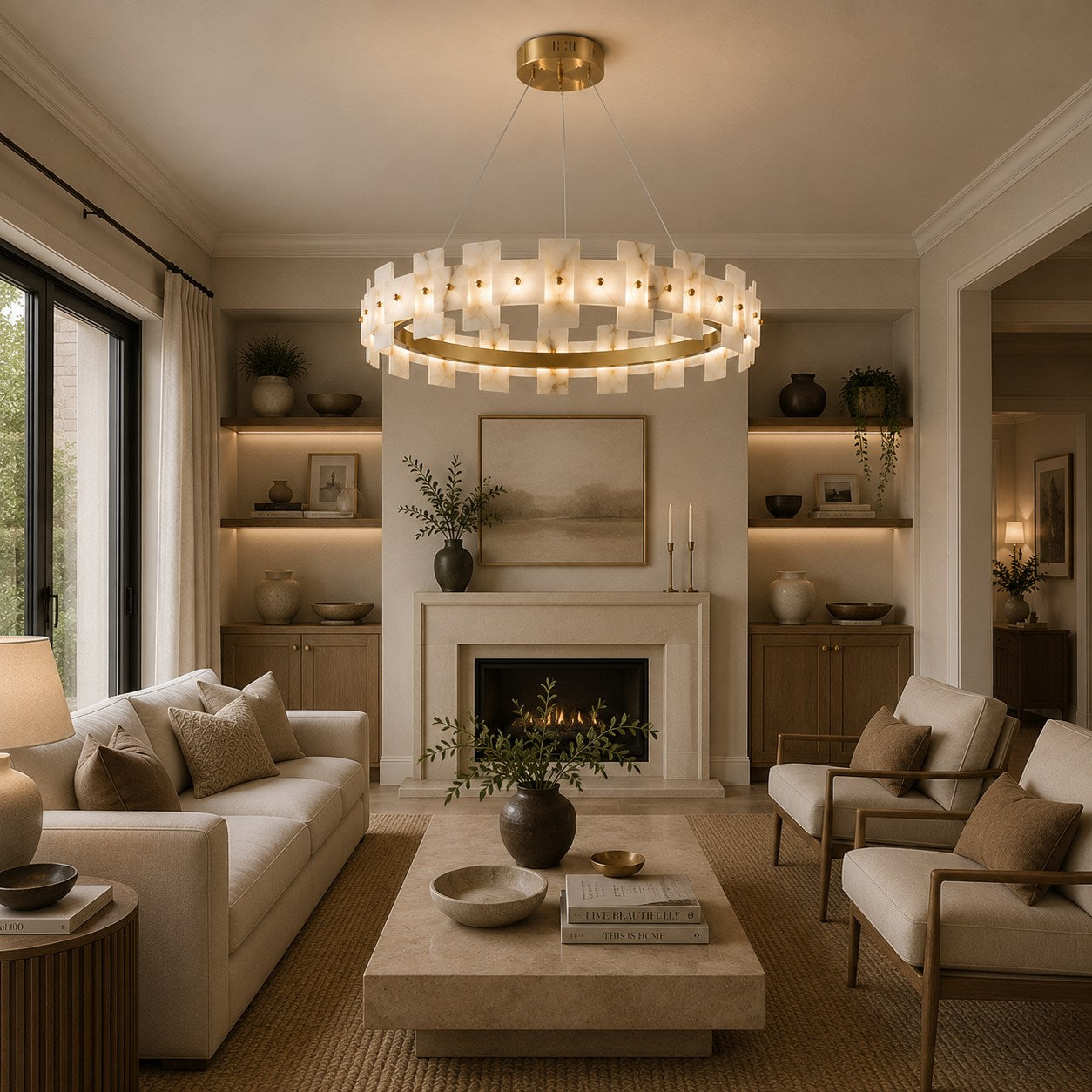 Modern Alabaster Chandelier Ceiling Mounted Brass Finish Dimmable LED Compatible 60W | ribuella