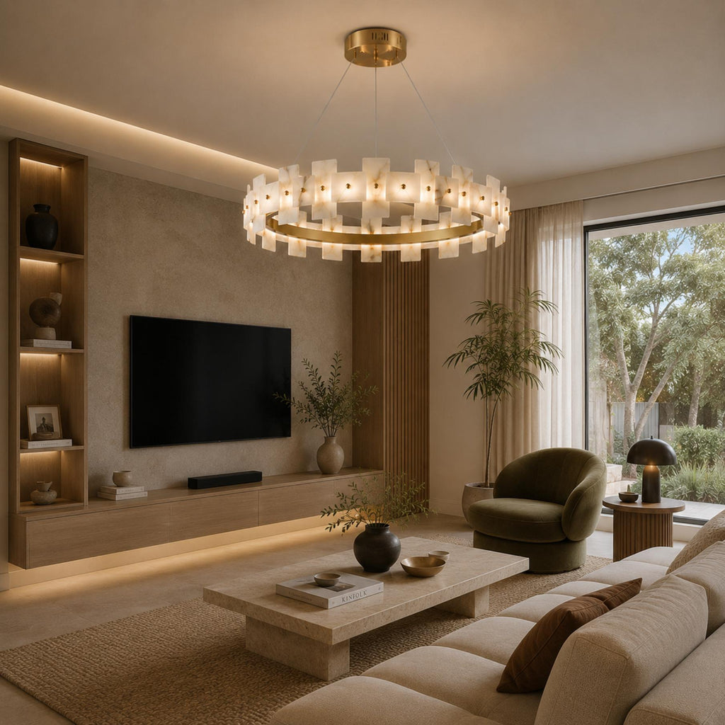 Modern Alabaster Chandelier Ceiling Mounted Brass Finish Dimmable LED Compatible 60W | ribuella