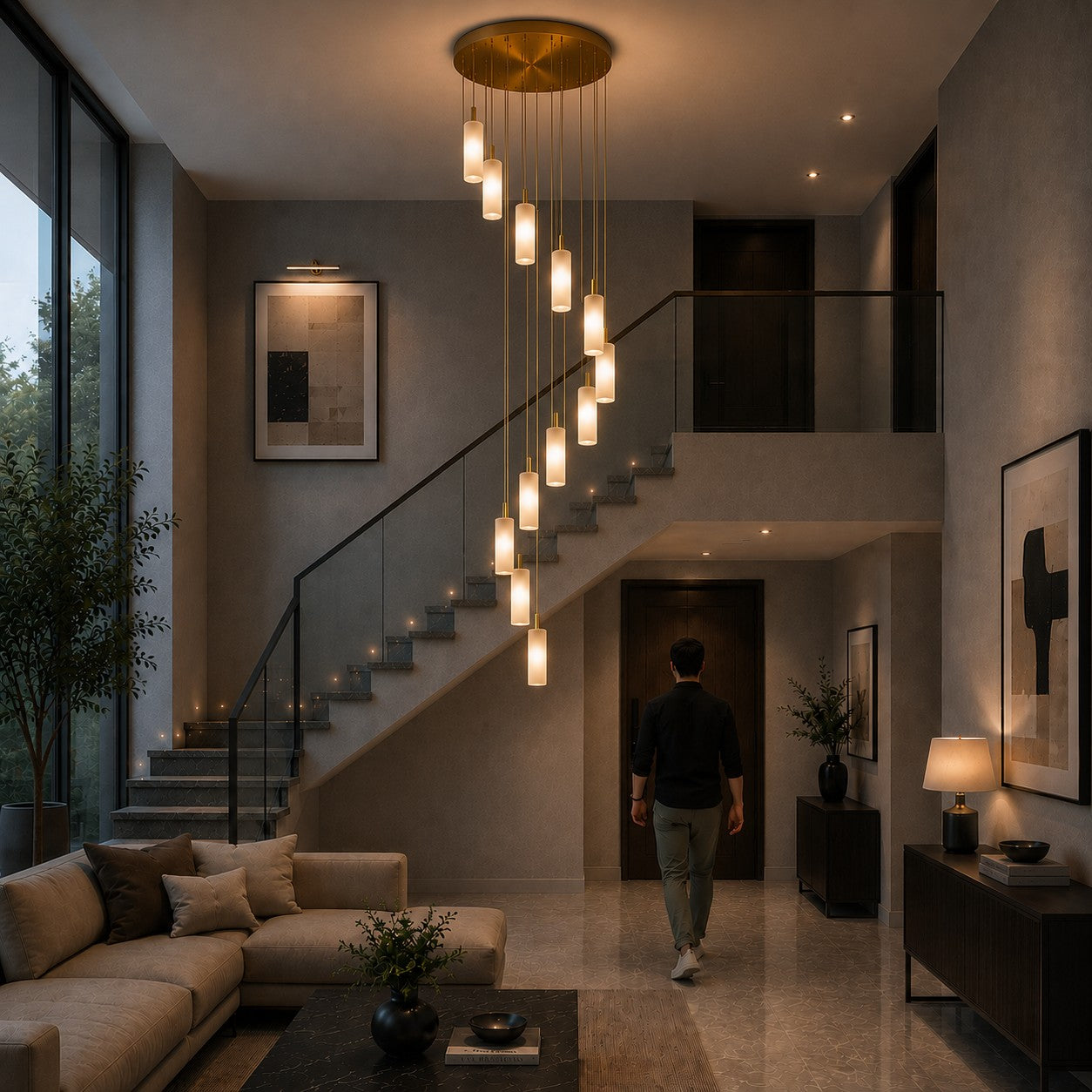 Moderní alabastrový lustr se závěsnou konstrukcí, nastavitelnou výškou a LED osvětlením | ribuella