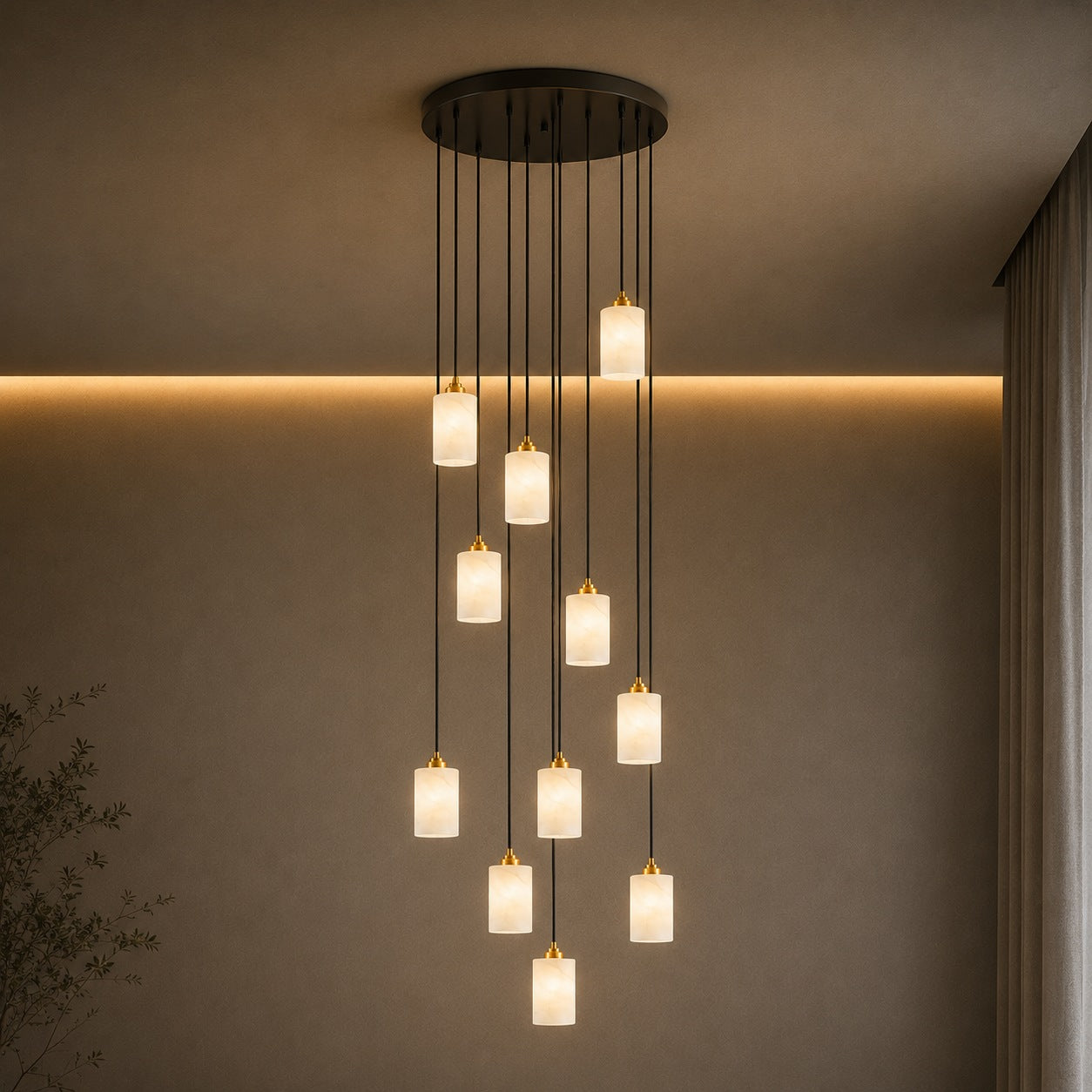 Moderní alabastrový válcový lustr s nastavitelnou závěsnou konstrukcí a LED žárovkami | ribuella
