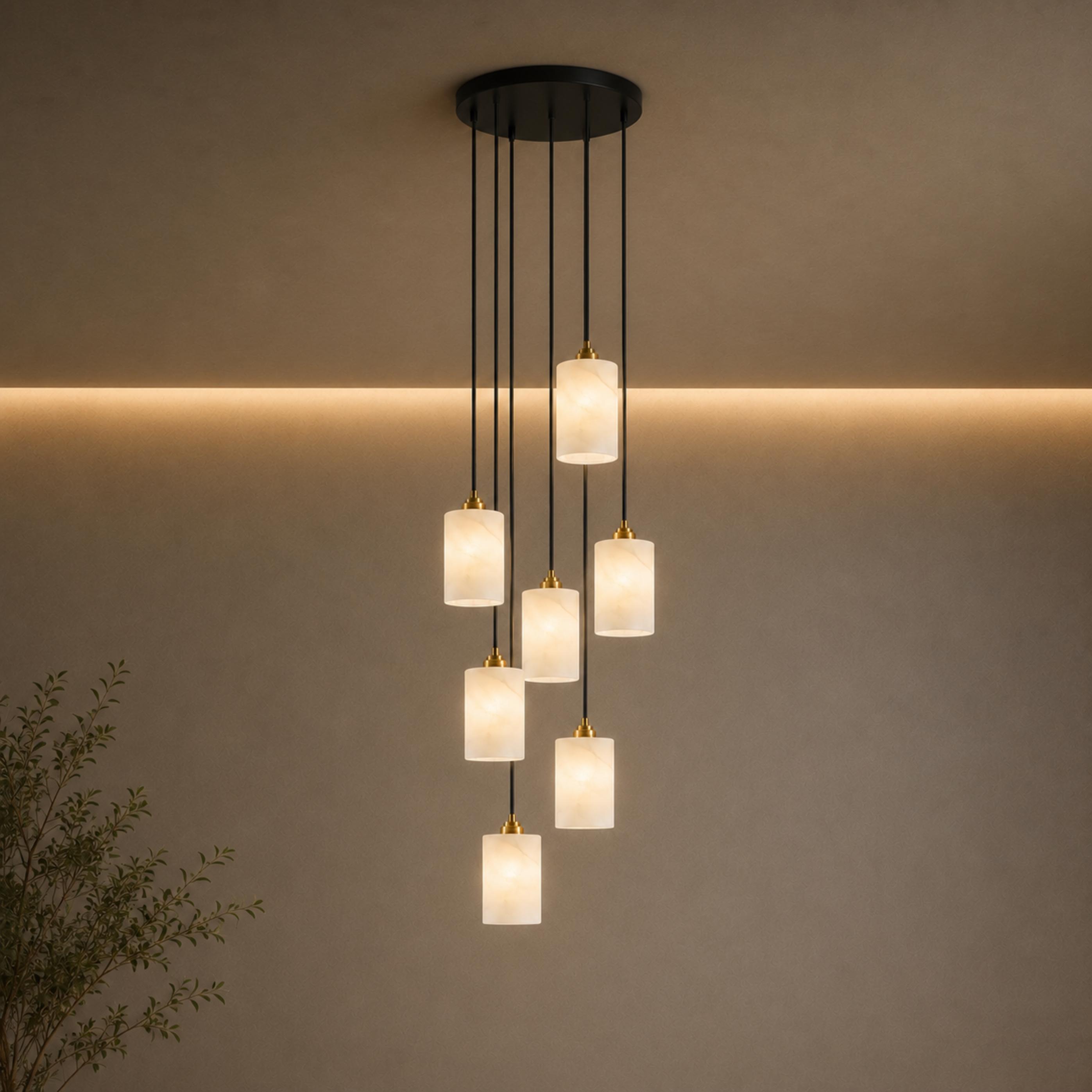 Moderní alabastrový válcový lustr s nastavitelnou závěsnou konstrukcí a LED žárovkami | ribuella