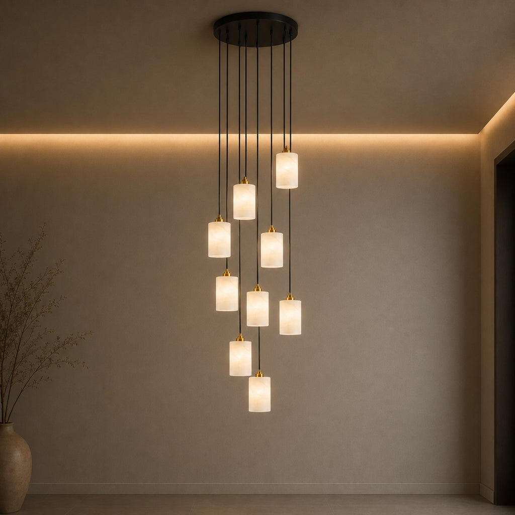 Moderní alabastrový válcový lustr s nastavitelnou závěsnou konstrukcí a LED žárovkami | ribuella