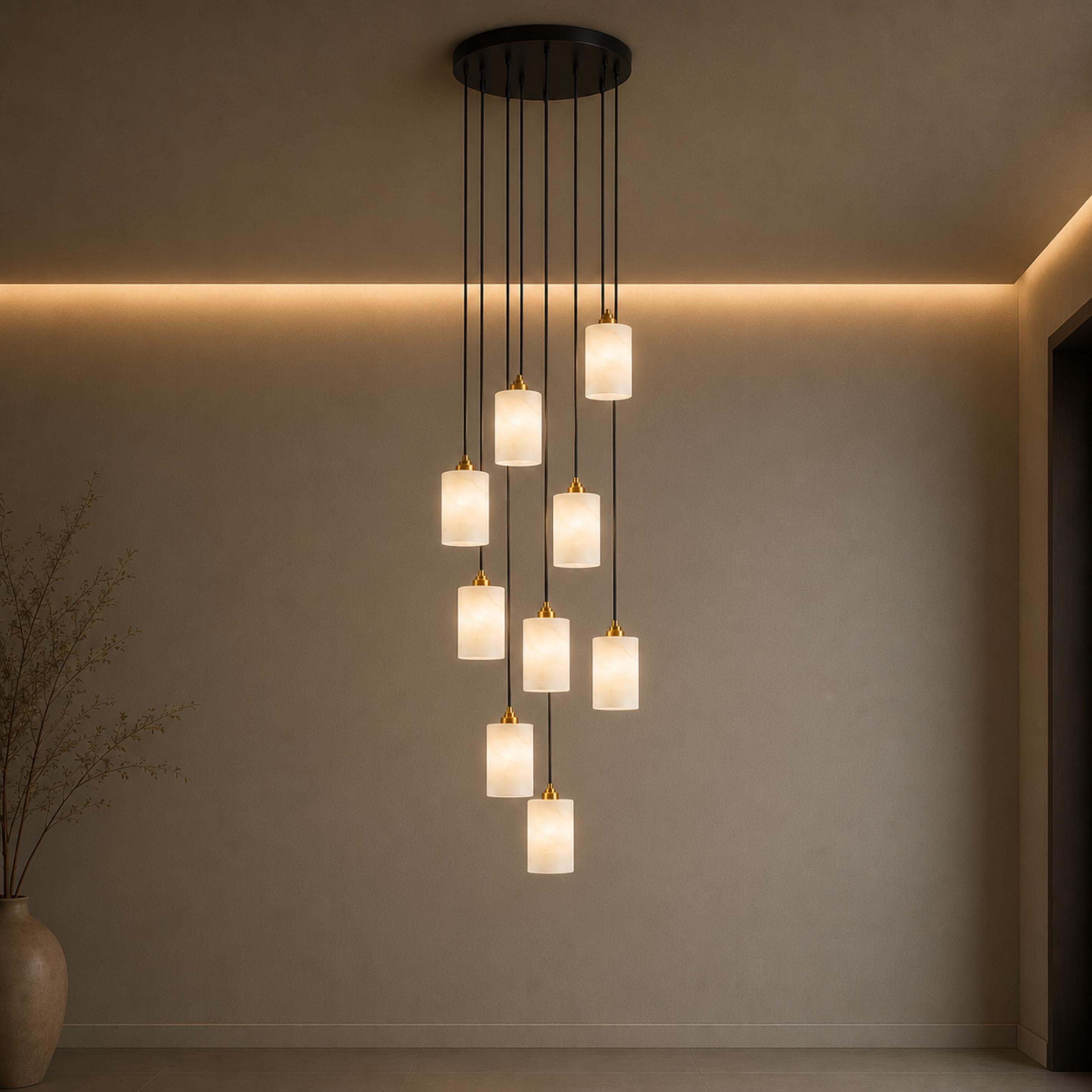 Moderní alabastrový válcový lustr s nastavitelnou závěsnou konstrukcí a LED žárovkami | ribuella