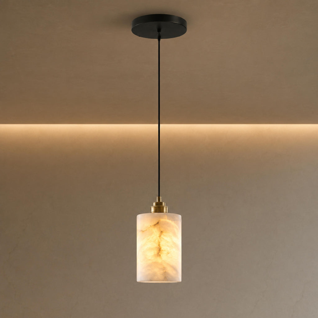 Moderní alabastrový válcový lustr s nastavitelnou závěsnou konstrukcí a LED žárovkami | ribuella