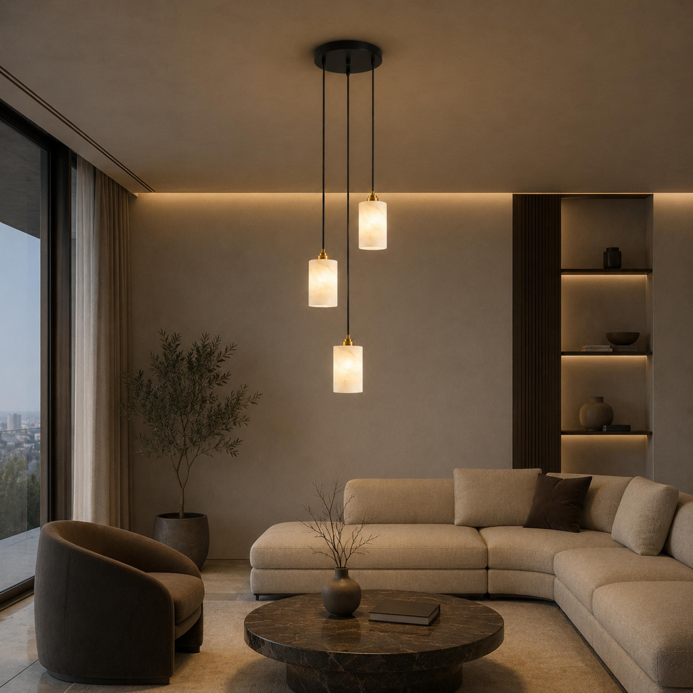 Moderní alabastrový válcový lustr s nastavitelnou závěsnou konstrukcí a LED žárovkami | ribuella