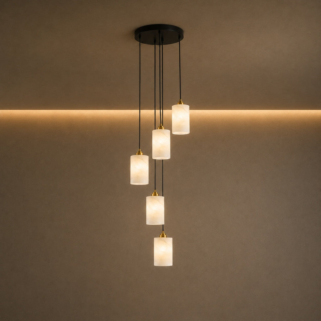 Moderní alabastrový válcový lustr s nastavitelnou závěsnou konstrukcí a LED žárovkami | ribuella