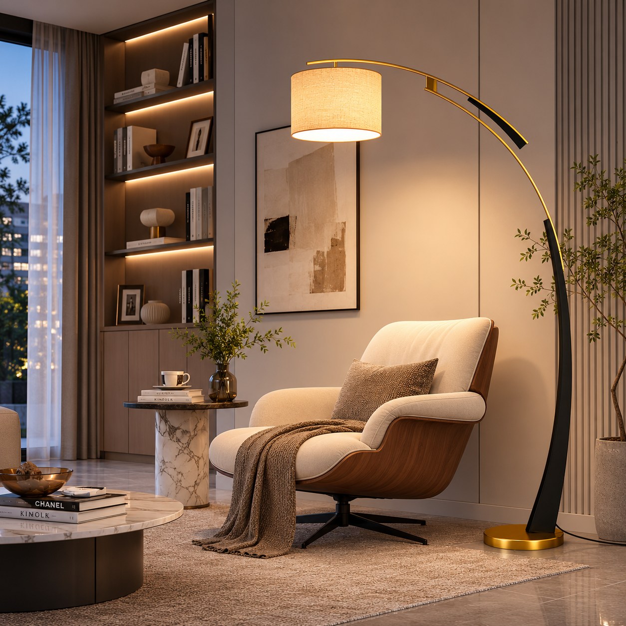 Moderní oblouková stojací lampa s nastavitelným železným tělem, měkkým látkovým stínidlem a světlem napájeným přes USB | ribuella