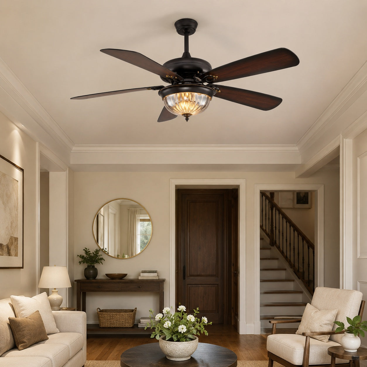 Moderner schwarzer Deckenventilator mit Beleuchtung, hängende Metallflügel, dimmbare LED und einstellbare Geschwindigkeit | ribuella