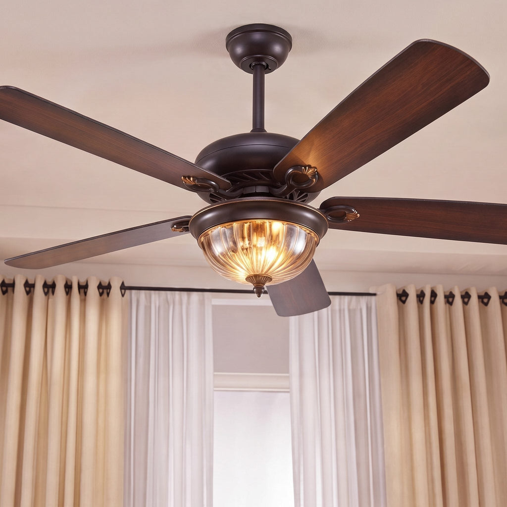 Moderner schwarzer Deckenventilator mit Beleuchtung, hängende Metallflügel, dimmbare LED und einstellbare Geschwindigkeit | ribuella