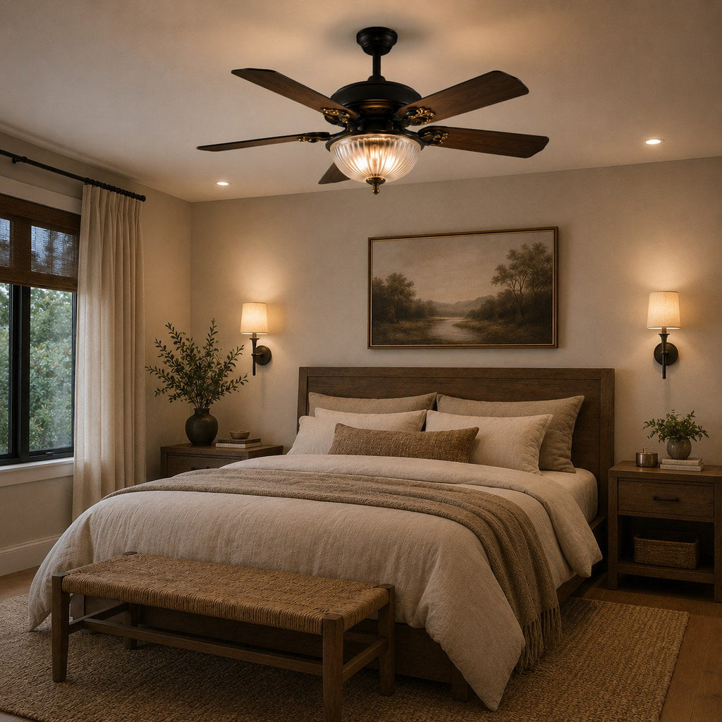 Moderner schwarzer Deckenventilator mit Beleuchtung, hängende Metallflügel, dimmbare LED und einstellbare Geschwindigkeit | ribuella