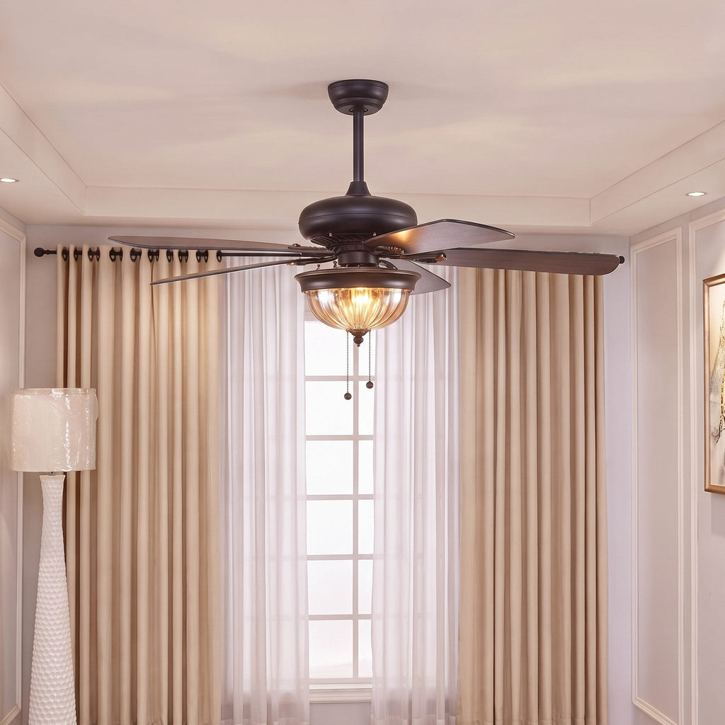 Moderner schwarzer Deckenventilator mit Beleuchtung, hängende Metallflügel, dimmbare LED und einstellbare Geschwindigkeit | ribuella