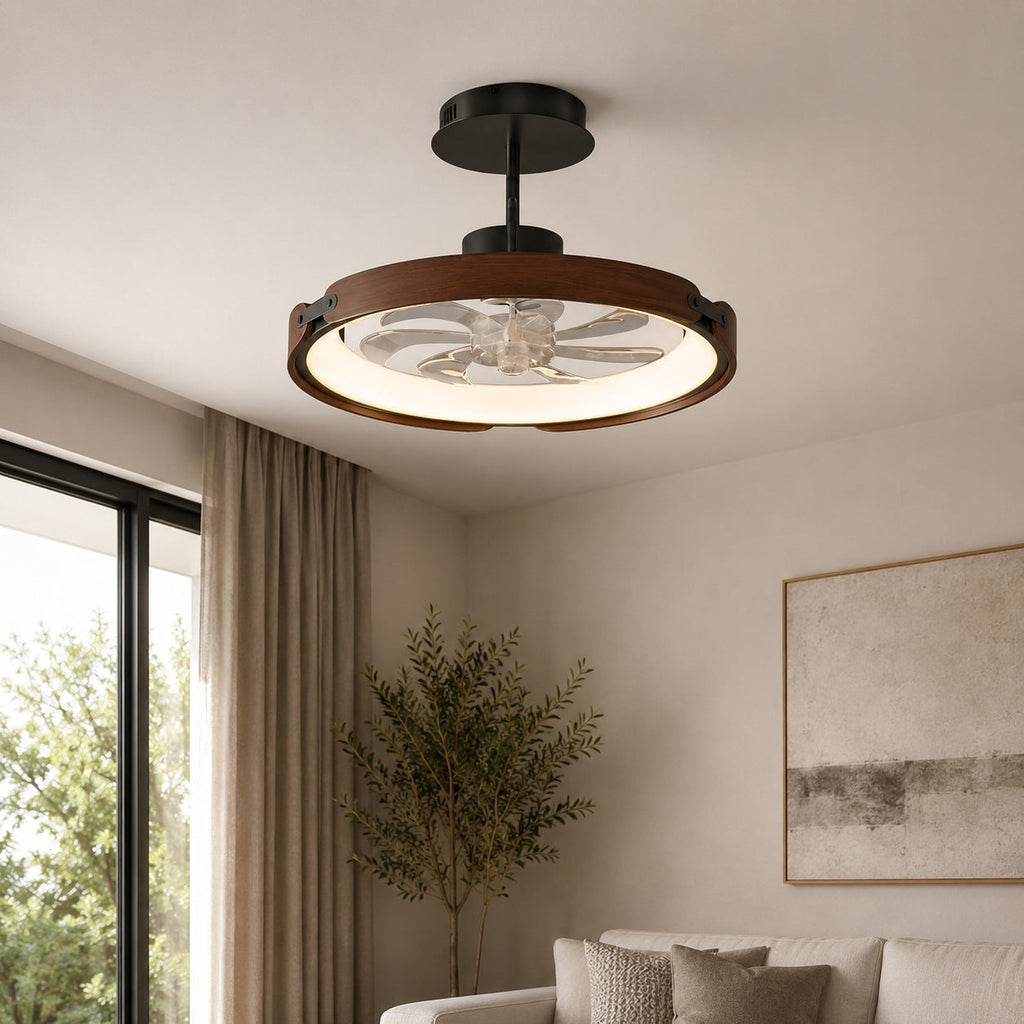 Moderní bezlopatkový stropní ventilátor s LED světlem, dřevem a akrylem, s přisazenou montáží, 3stupňovým stmíváním a ovládáním přes aplikaci | ribuella