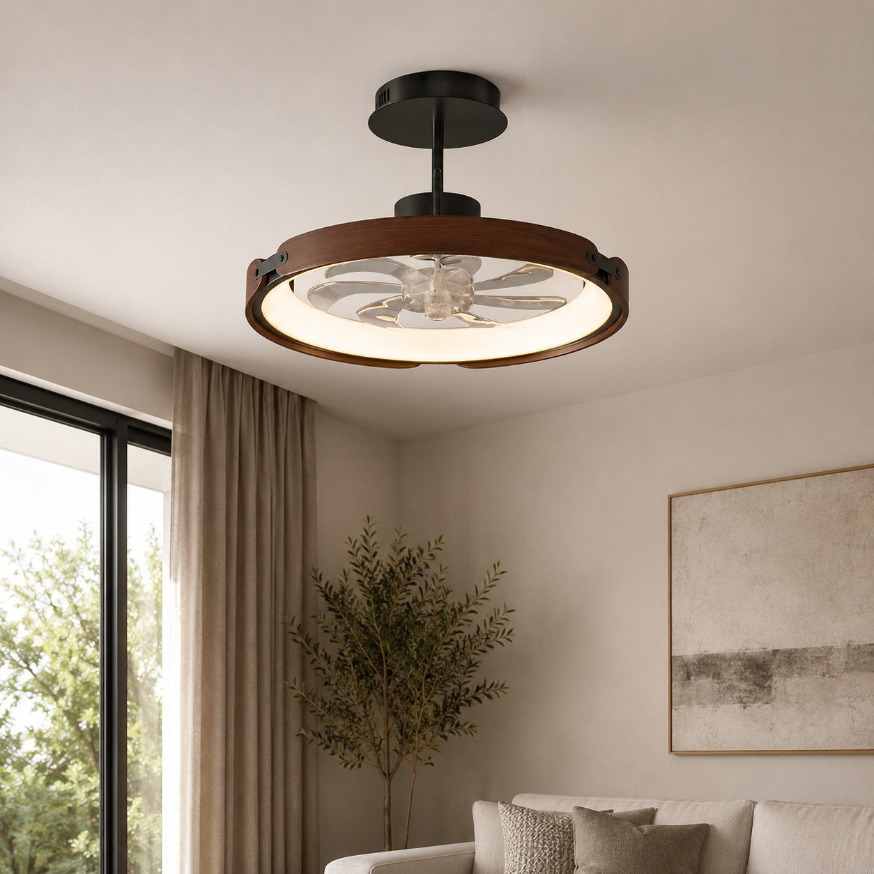 Moderní bezlopatkový stropní ventilátor s LED světlem, dřevem a akrylem, s přisazenou montáží, 3stupňovým stmíváním a ovládáním přes aplikaci | ribuella