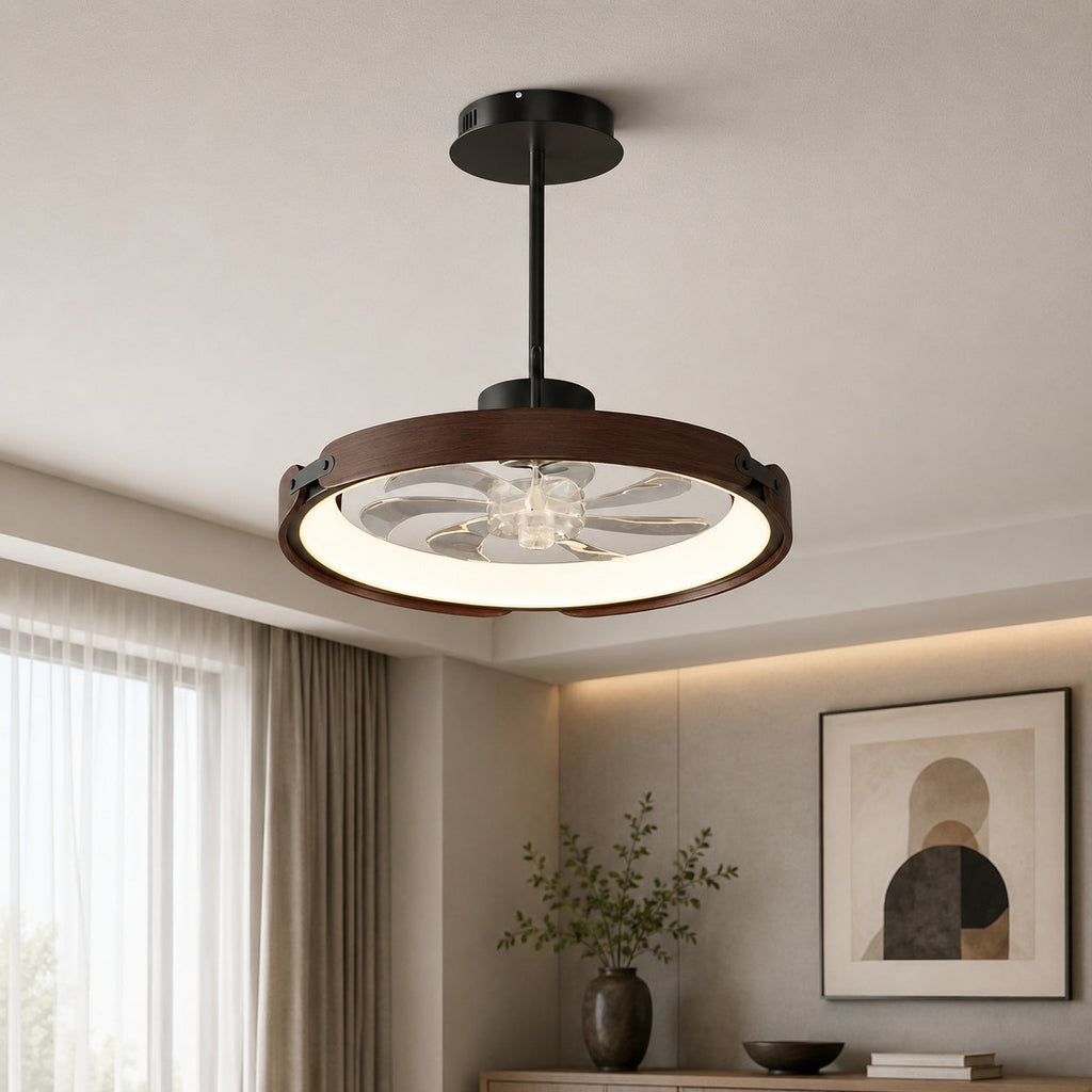 Moderní bezlopatkový stropní ventilátor s LED světlem, dřevem a akrylem, s přisazenou montáží, 3stupňovým stmíváním a ovládáním přes aplikaci | ribuella