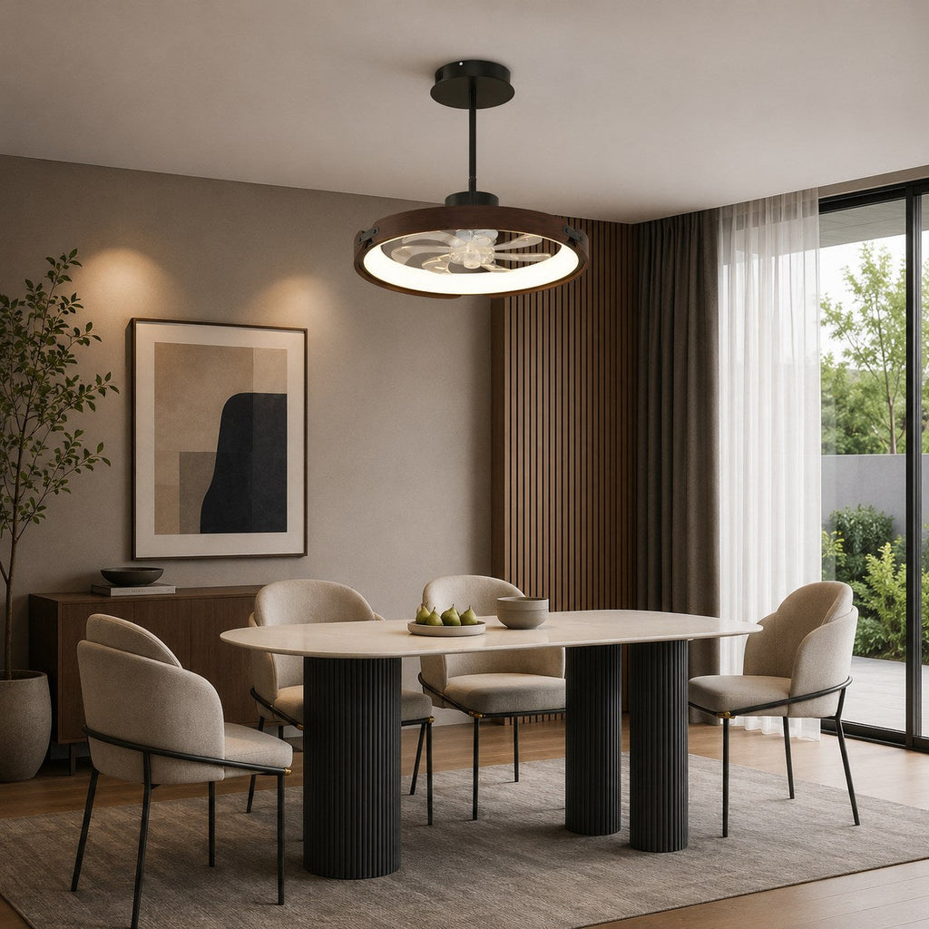 Moderní bezlopatkový stropní ventilátor s LED světlem, dřevem a akrylem, s přisazenou montáží, 3stupňovým stmíváním a ovládáním přes aplikaci | ribuella