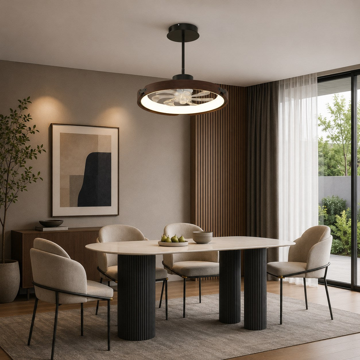 Moderní bezlopatkový stropní ventilátor s LED světlem, dřevem a akrylem, s přisazenou montáží, 3stupňovým stmíváním a ovládáním přes aplikaci | ribuella