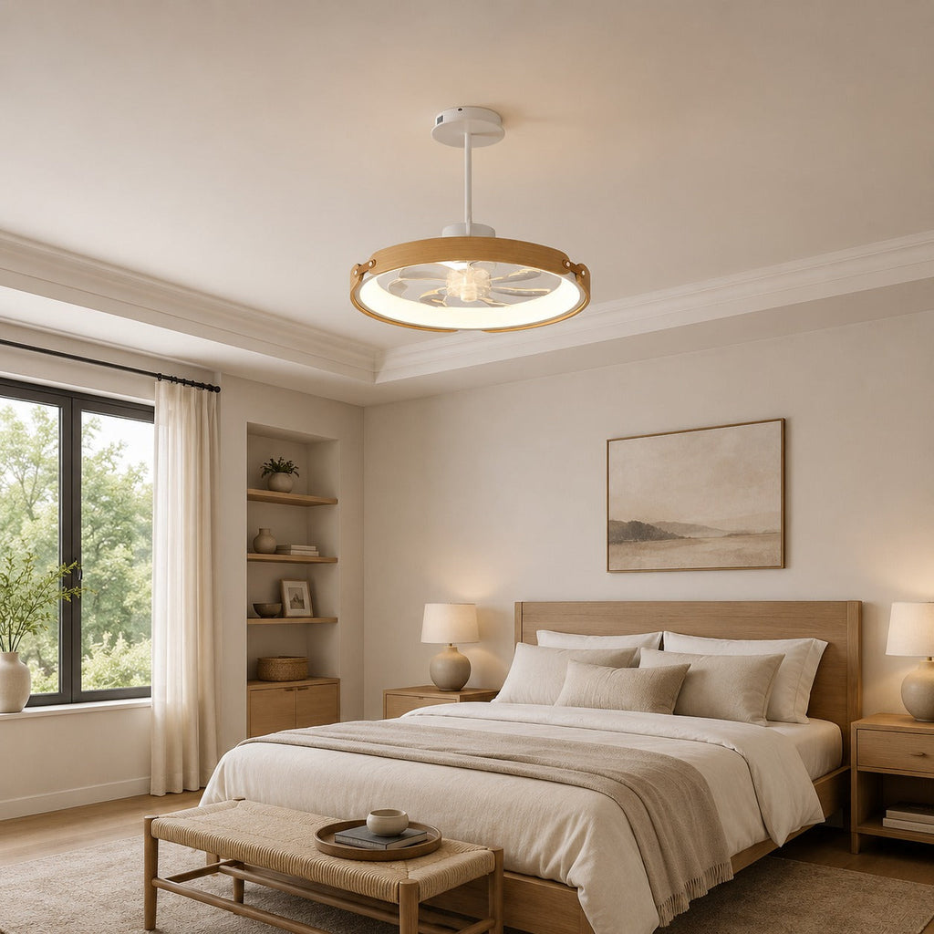 Moderní bezlopatkový stropní ventilátor s LED světlem, dřevem a akrylem, s přisazenou montáží, 3stupňovým stmíváním a ovládáním přes aplikaci | ribuella
