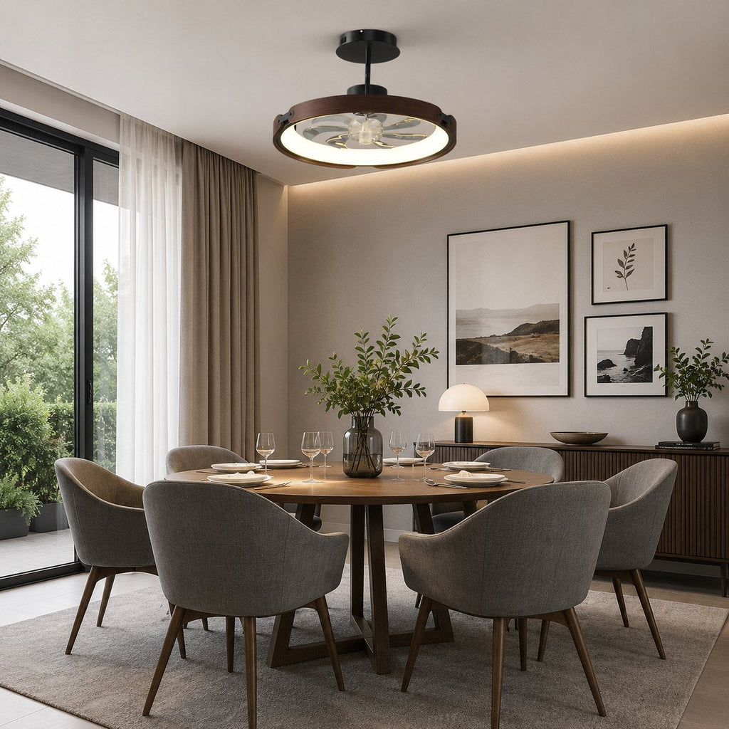 Moderní bezlopatkový stropní ventilátor s LED světlem, dřevem a akrylem, s přisazenou montáží, 3stupňovým stmíváním a ovládáním přes aplikaci | ribuella