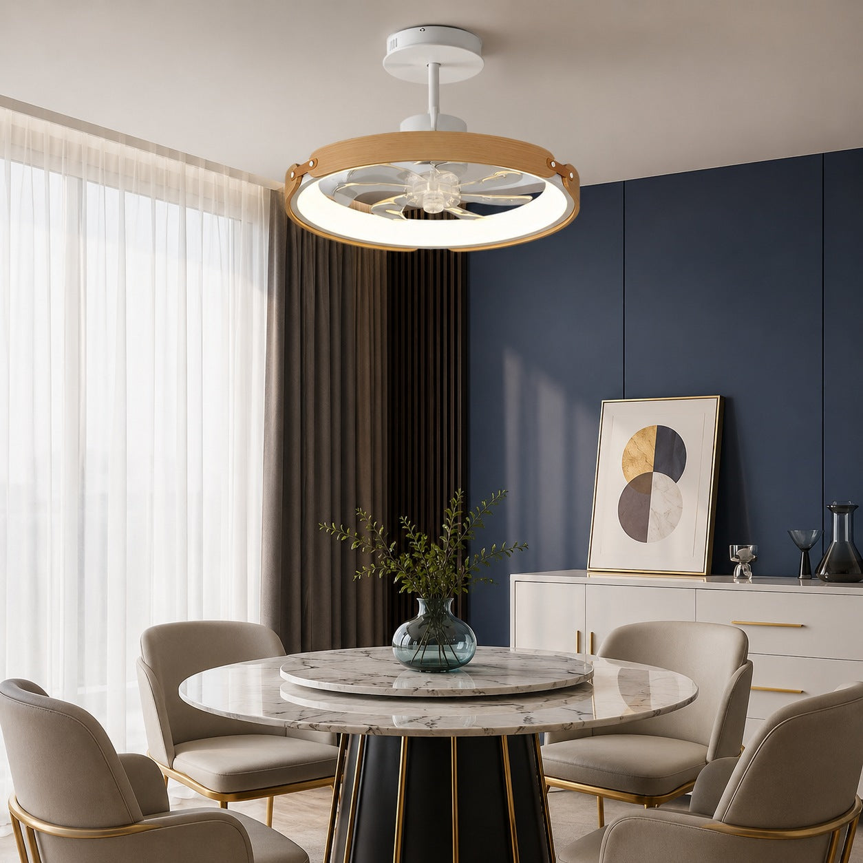 Moderní bezlopatkový stropní ventilátor s LED světlem, dřevem a akrylem, s přisazenou montáží, 3stupňovým stmíváním a ovládáním přes aplikaci | ribuella