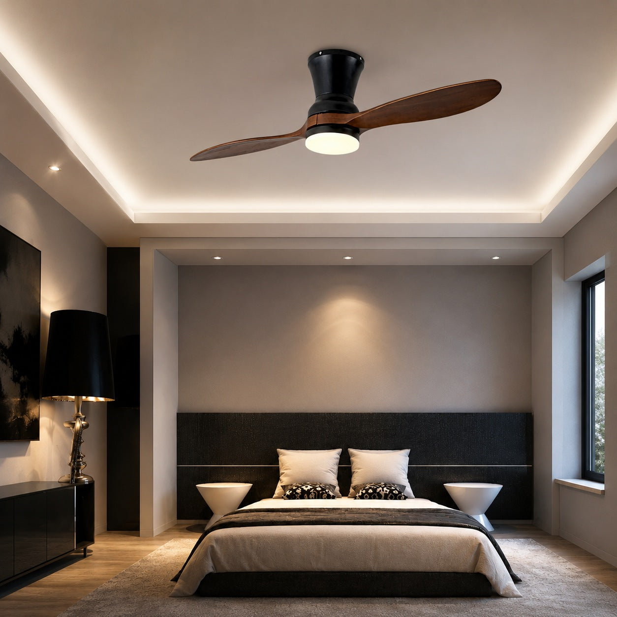 Moderní stropní ventilátor se stmívatelným LED osvětlením, ořechovými dřevěnými lopatkami, dálkovým ovládáním a výkonem 18W | ribuella