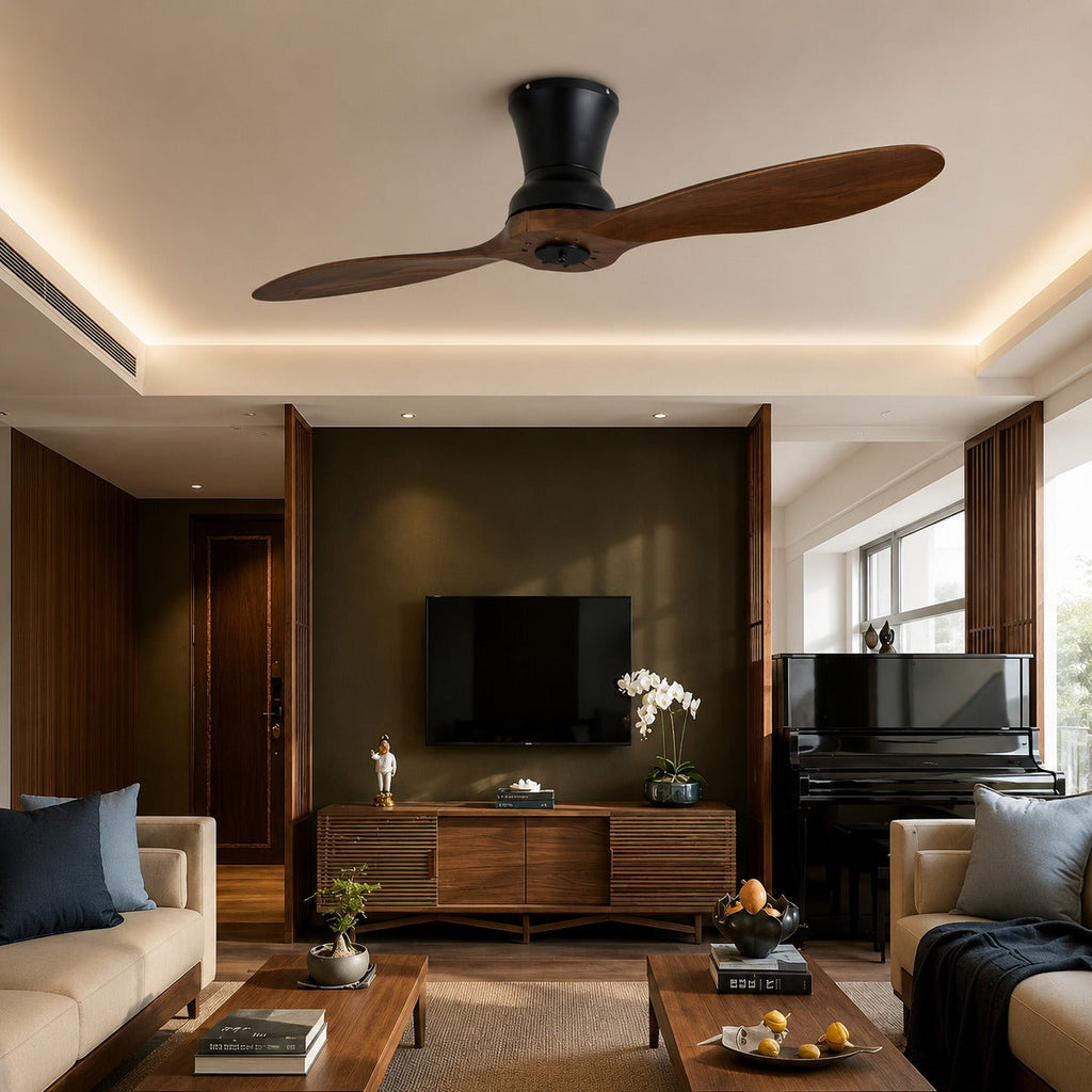 Moderní stropní ventilátor se stmívatelným LED osvětlením, ořechovými dřevěnými lopatkami, dálkovým ovládáním a výkonem 18W | ribuella