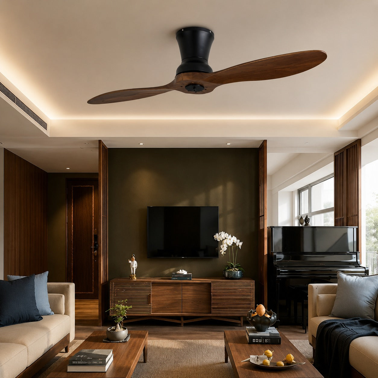 Moderní stropní ventilátor se stmívatelným LED osvětlením, ořechovými dřevěnými lopatkami, dálkovým ovládáním a výkonem 18W | ribuella