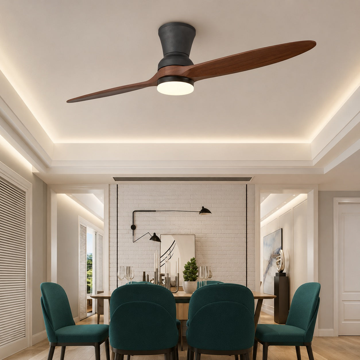 Moderní stropní ventilátor se stmívatelným LED osvětlením, ořechovými dřevěnými lopatkami, dálkovým ovládáním a výkonem 18W | ribuella
