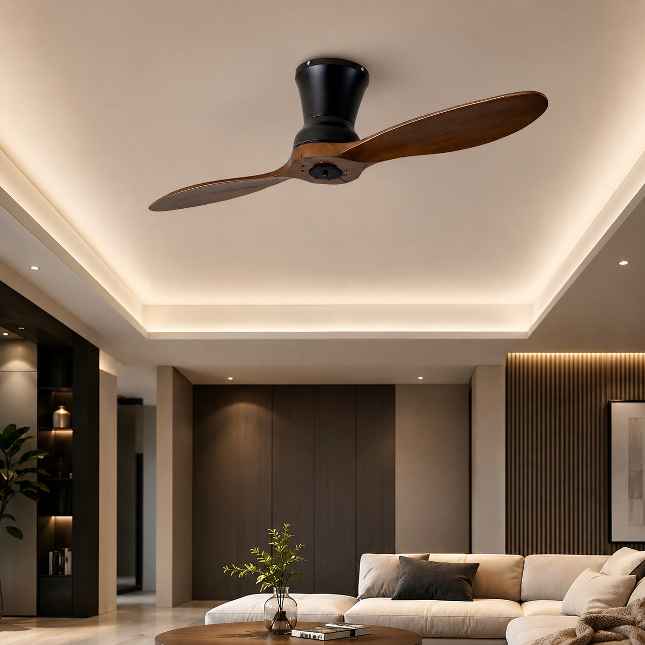 Moderní stropní ventilátor se stmívatelným LED osvětlením, ořechovými dřevěnými lopatkami, dálkovým ovládáním a výkonem 18W | ribuella