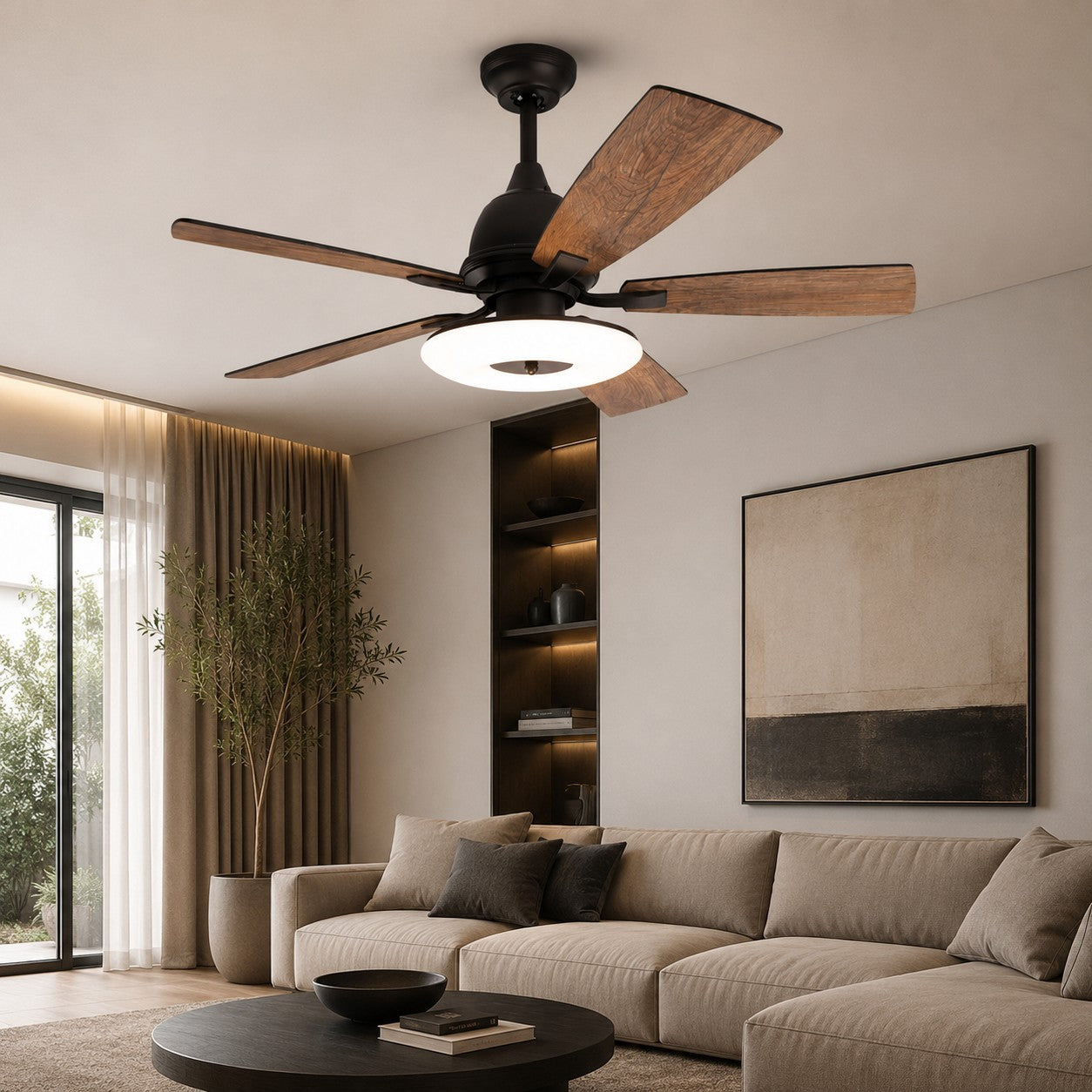 Modern Ceiling Fan with Lights 52 Inch Flush Mount Plywood Blades LED Dimmable Light | ribuella