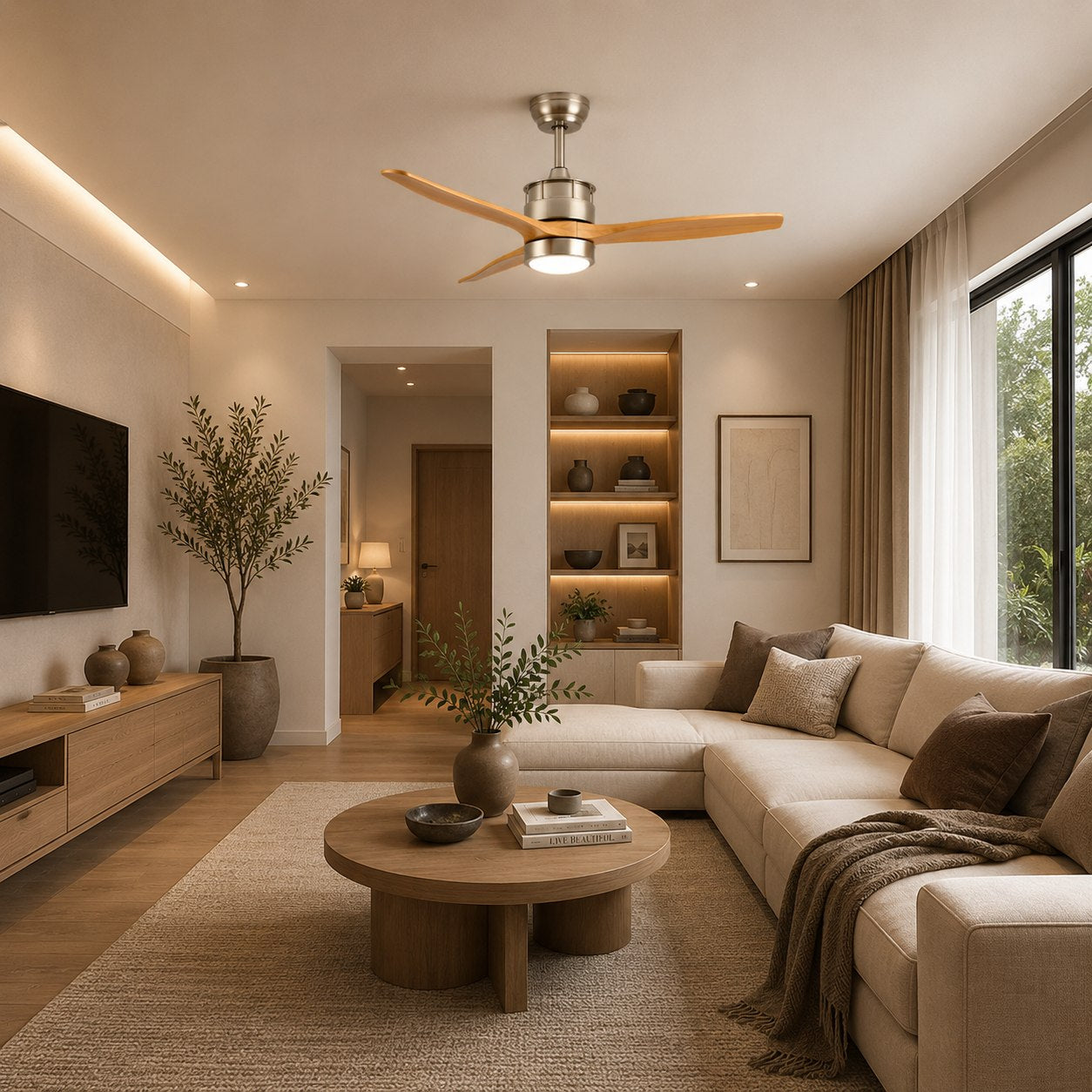 Moderní stropní ventilátor se světly, přisazený, s železným tělem, sklem, dřevěnými lopatkami, LED osvětlením a nastavitelnou rychlostí | ribuella