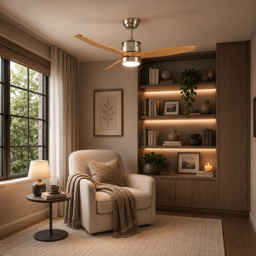 Moderní stropní ventilátor se světly, přisazený, s železným tělem, sklem, dřevěnými lopatkami, LED osvětlením a nastavitelnou rychlostí | ribuella