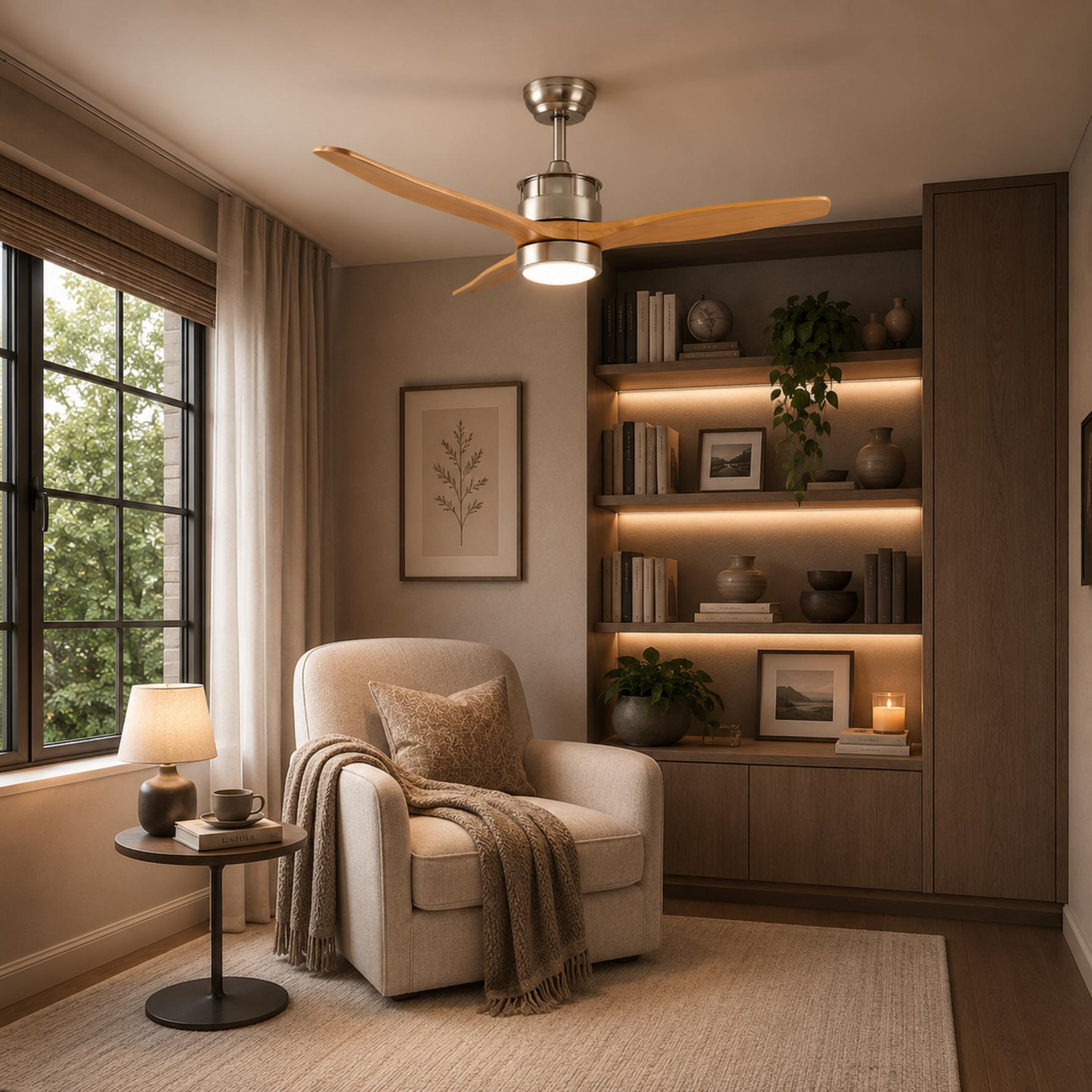 Moderní stropní ventilátor se světly, přisazený, s železným tělem, sklem, dřevěnými lopatkami, LED osvětlením a nastavitelnou rychlostí | ribuella