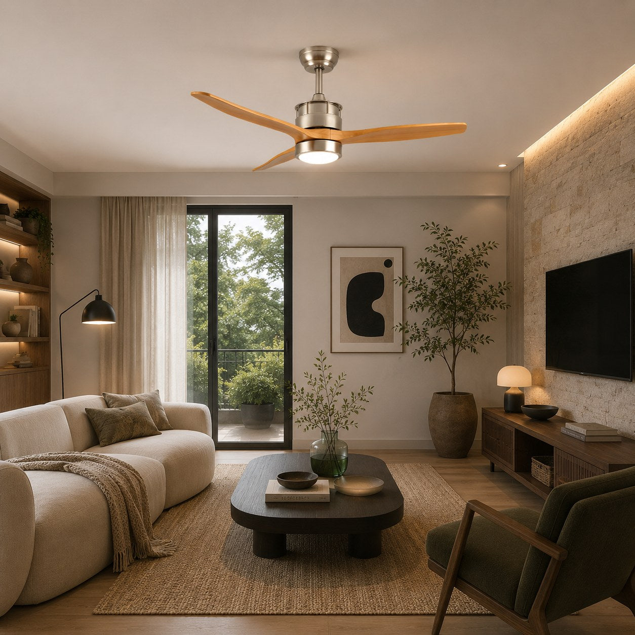 Moderní stropní ventilátor se světly, přisazený, s železným tělem, sklem, dřevěnými lopatkami, LED osvětlením a nastavitelnou rychlostí | ribuella