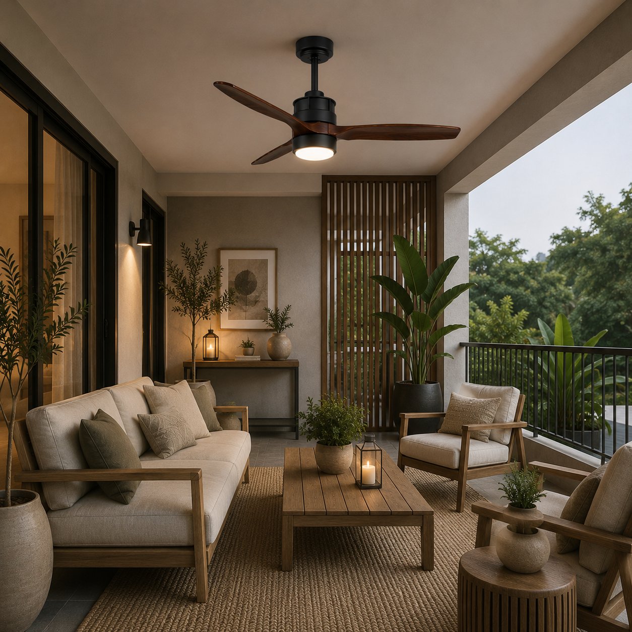 Moderní stropní ventilátor se světly, přisazený, s železným tělem, sklem, dřevěnými lopatkami, LED osvětlením a nastavitelnou rychlostí | ribuella