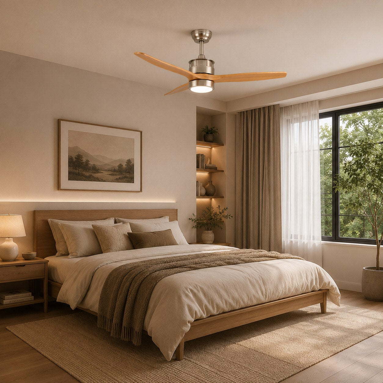 Moderní stropní ventilátor se světly, přisazený, s železným tělem, sklem, dřevěnými lopatkami, LED osvětlením a nastavitelnou rychlostí | ribuella