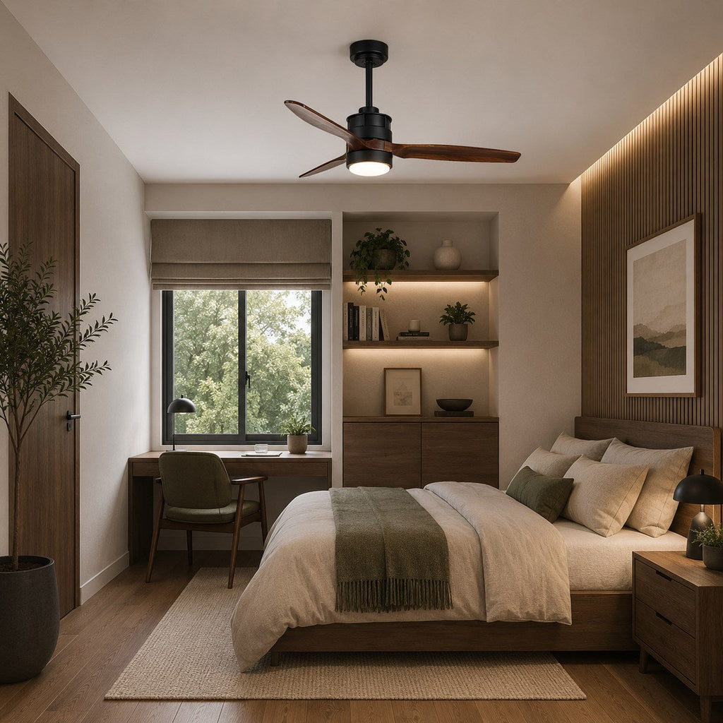 Moderní stropní ventilátor se světly, přisazený, s železným tělem, sklem, dřevěnými lopatkami, LED osvětlením a nastavitelnou rychlostí | ribuella