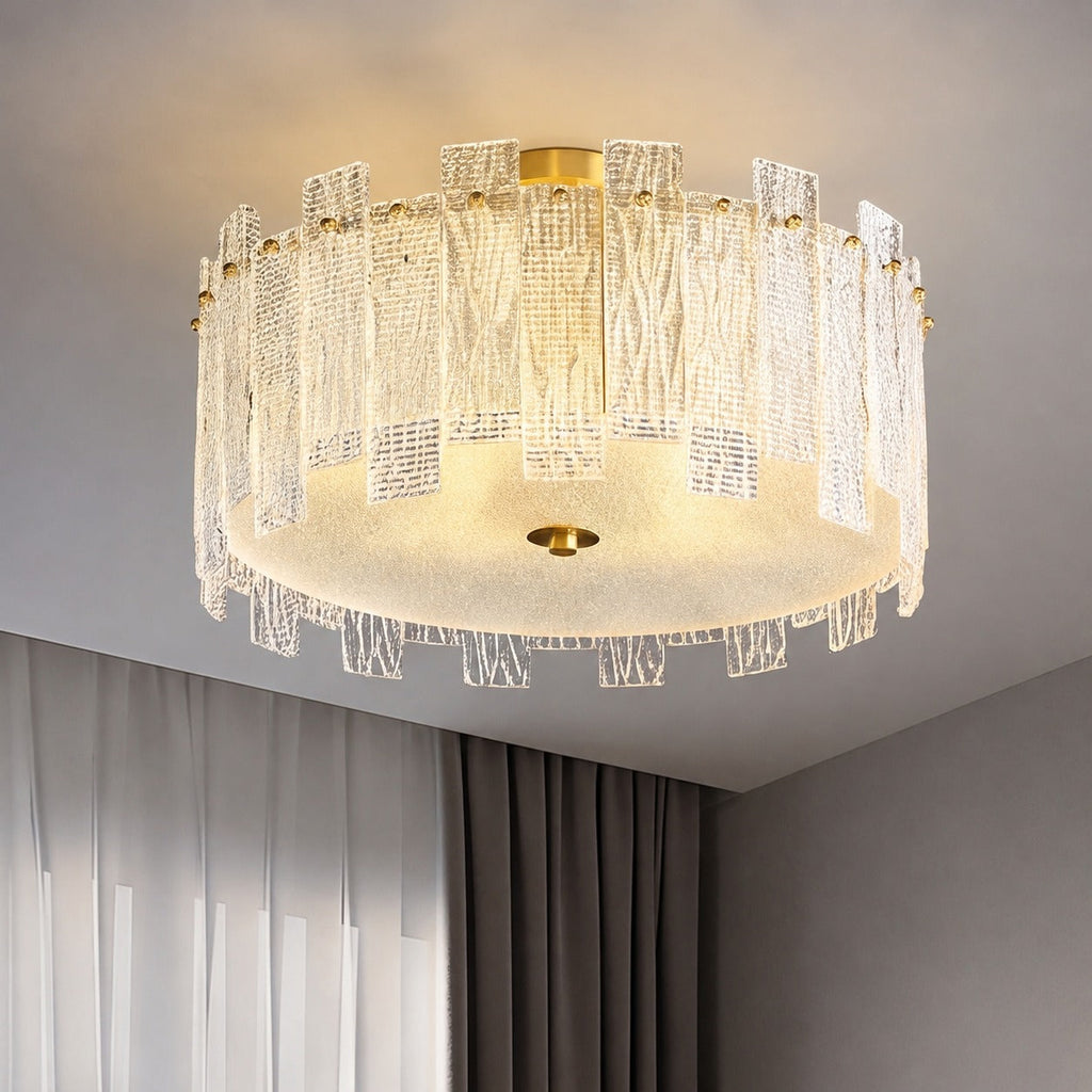 Plafonnier moderne à montage affleurant, verre texturé, cadre en cuivre, éclairage d’ambiance chaleureux | ribuella
