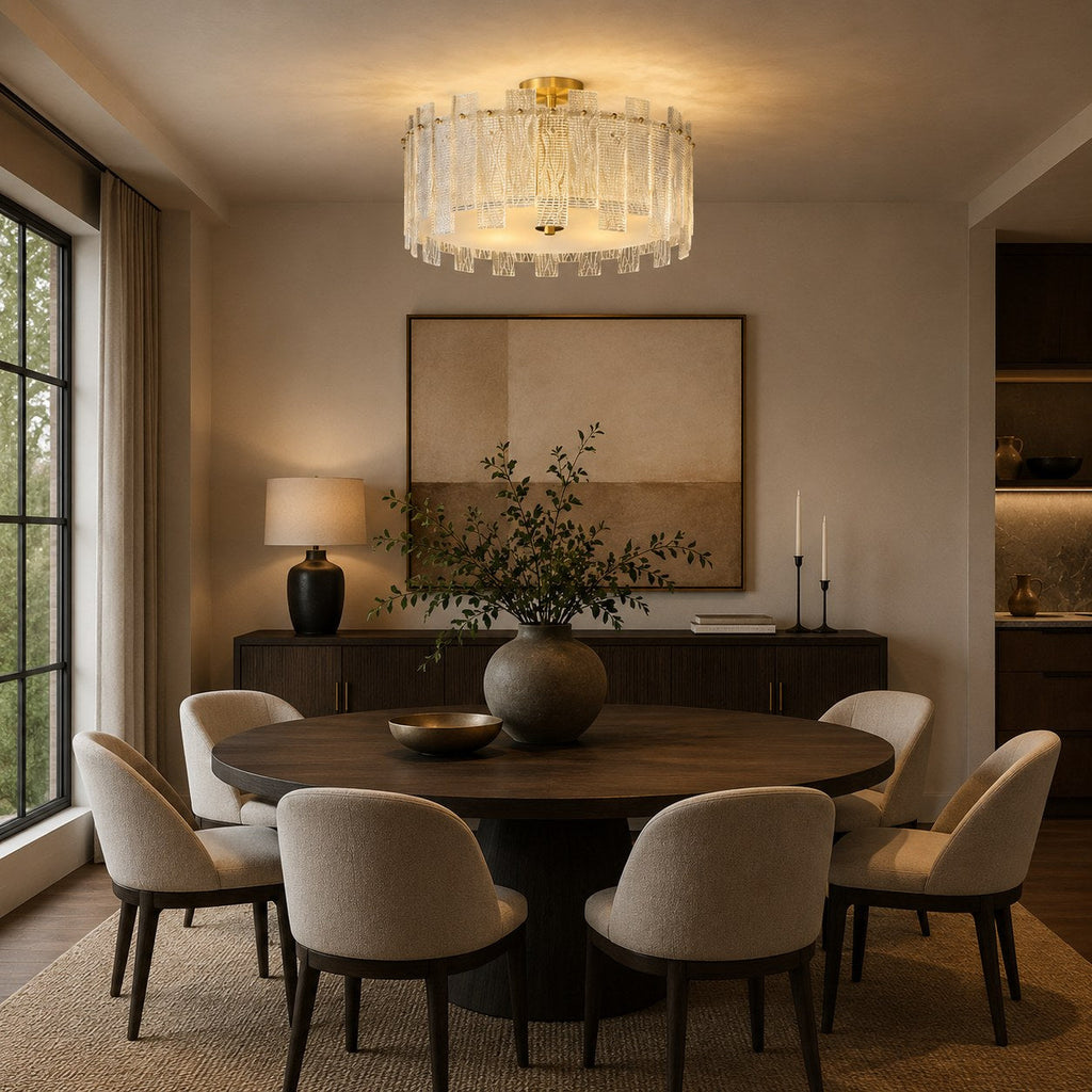 Plafonnier moderne à montage affleurant, verre texturé, cadre en cuivre, éclairage d’ambiance chaleureux | ribuella