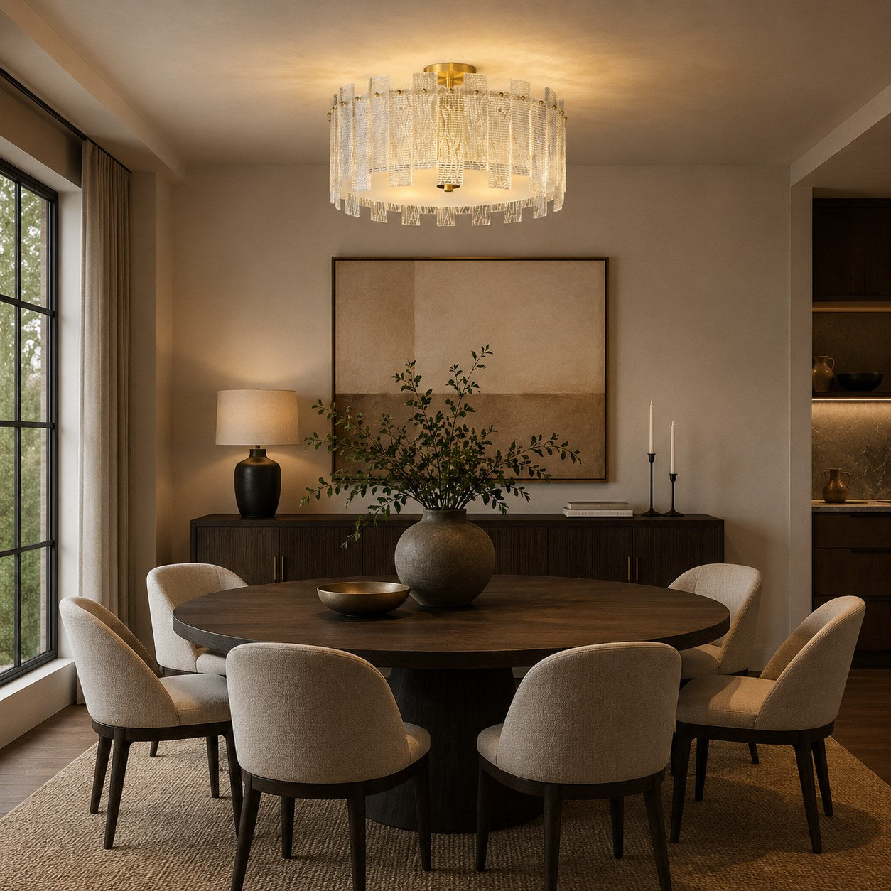 Plafonnier moderne à montage affleurant, verre texturé, cadre en cuivre, éclairage d’ambiance chaleureux | ribuella