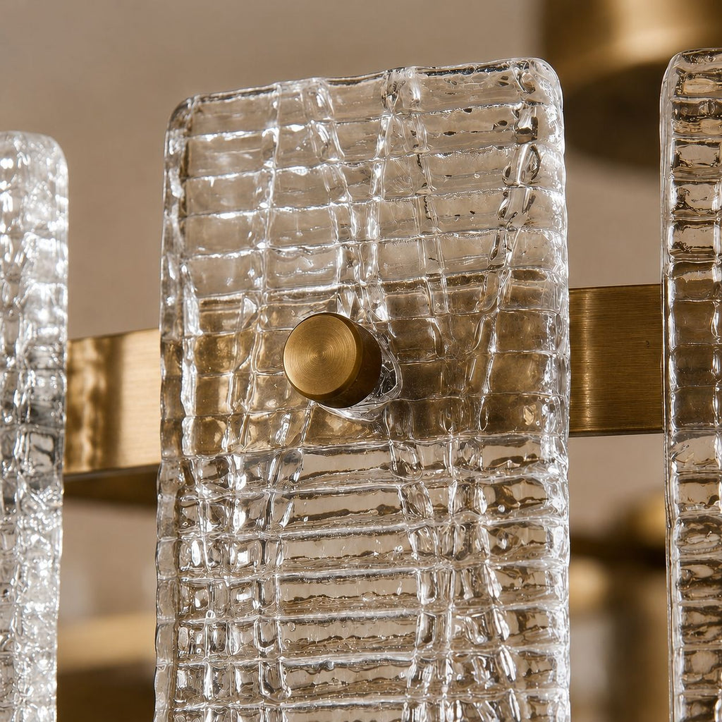 Plafonnier moderne à montage affleurant, verre texturé, cadre en cuivre, éclairage d’ambiance chaleureux | ribuella