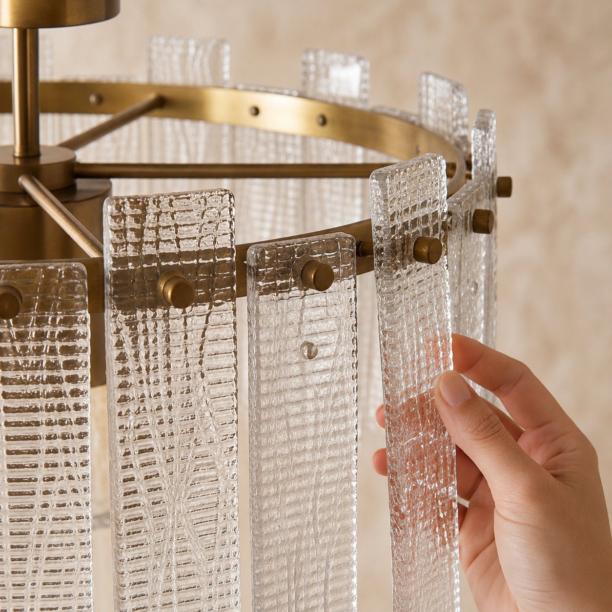 Plafonnier moderne à montage affleurant, verre texturé, cadre en cuivre, éclairage d’ambiance chaleureux | ribuella