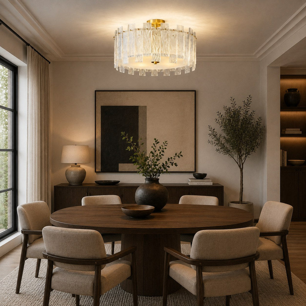 Plafonnier moderne à montage affleurant, verre texturé, cadre en cuivre, éclairage d’ambiance chaleureux | ribuella