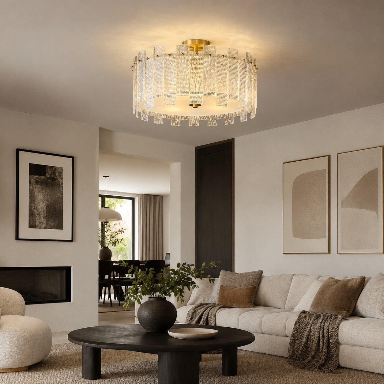 Plafonnier moderne à montage affleurant, verre texturé, cadre en cuivre, éclairage d’ambiance chaleureux | ribuella