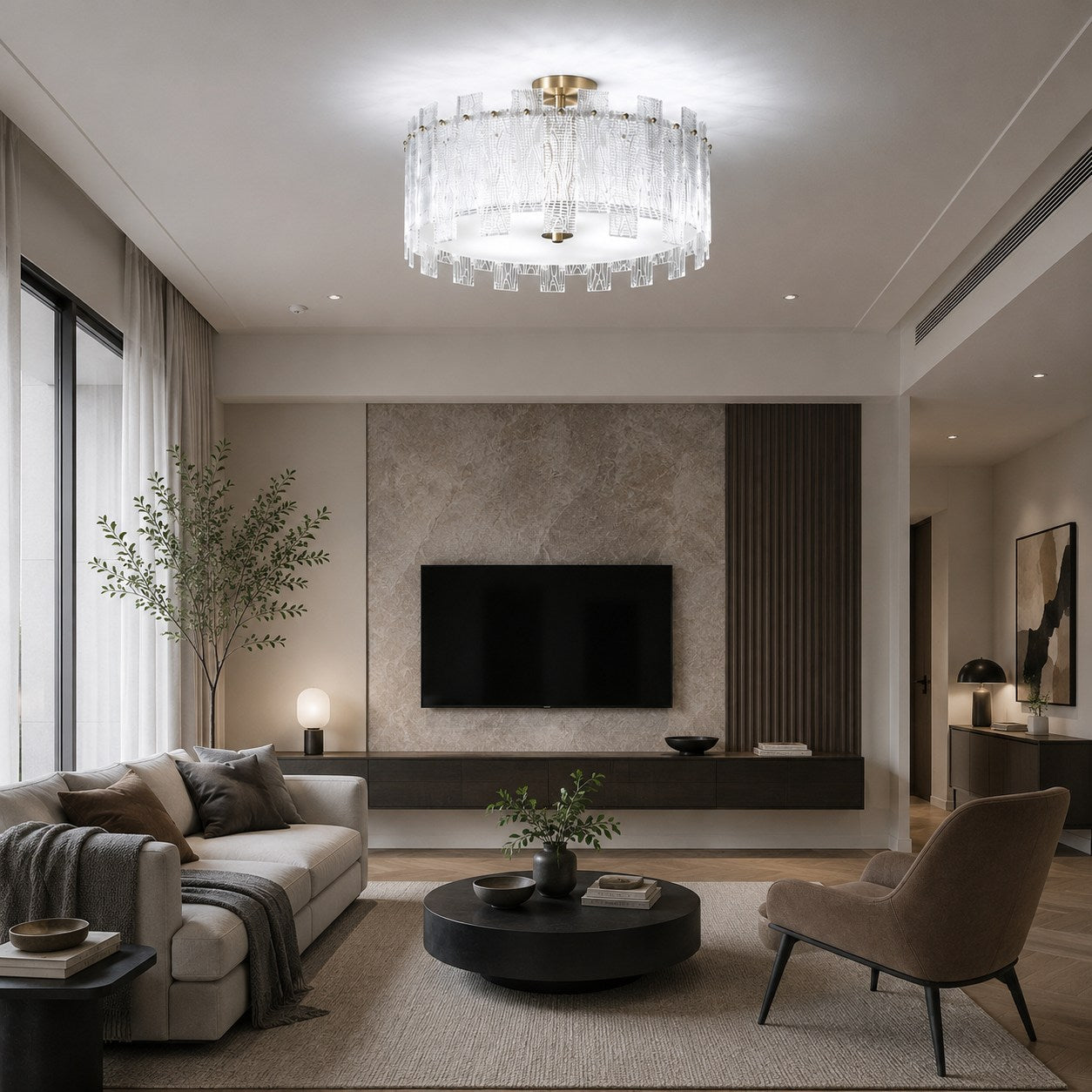 Plafonnier moderne à montage affleurant, verre texturé, cadre en cuivre, éclairage d’ambiance chaleureux | ribuella