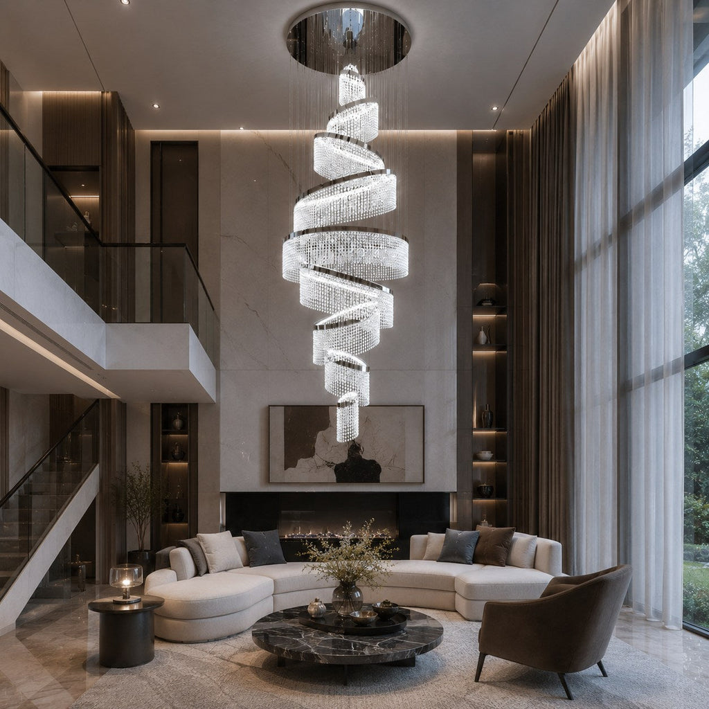 Lustre moderne en cristal à anneaux multiples, luminaire LED suspendu en acier inoxydable réglable | ribuella